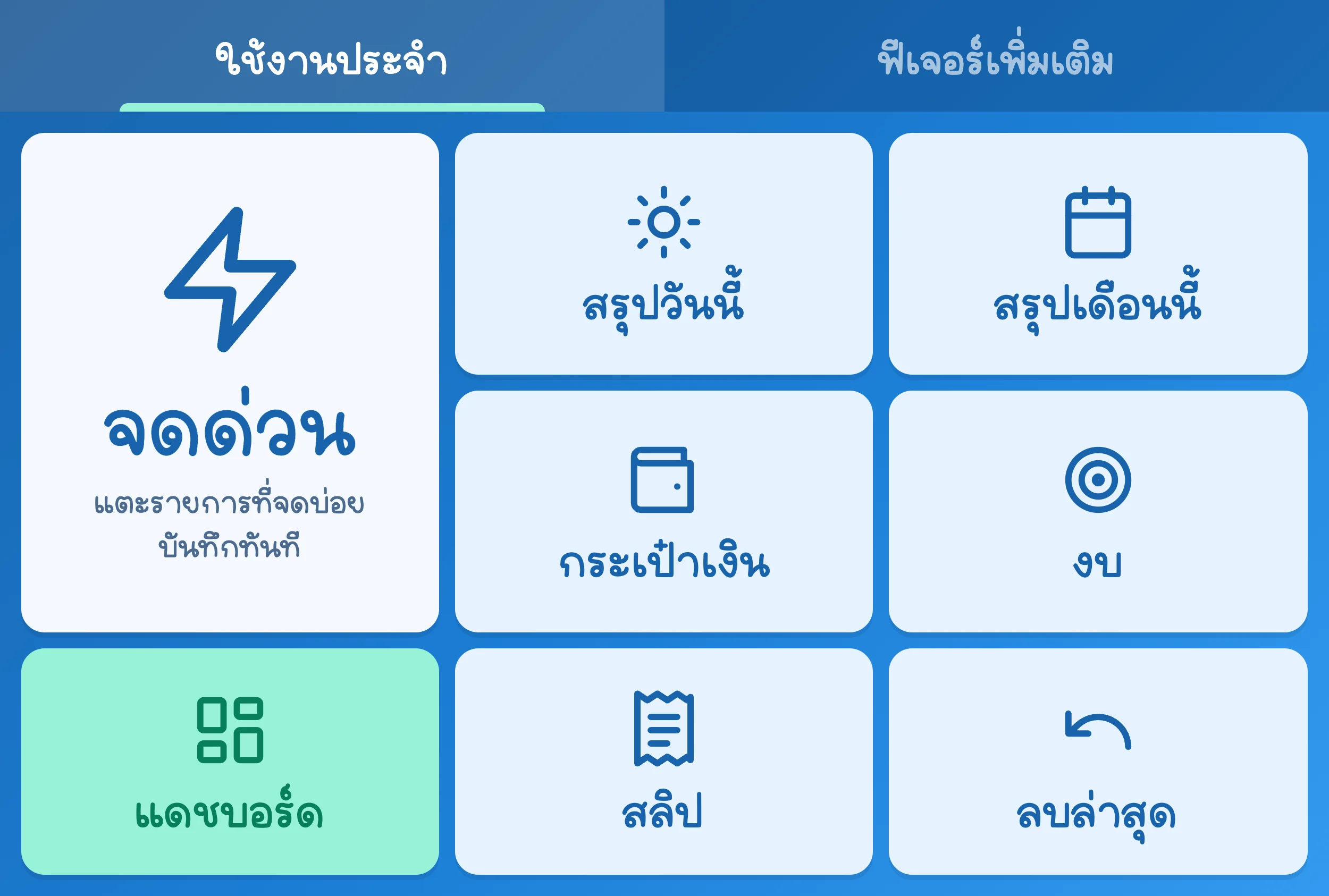 Rich Menu แท็บใช้งานประจำ: จดด่วน สรุปวันนี้ สรุปเดือนนี้ กระเป๋าเงิน งบ แดชบอร์ด สลิป ลบล่าสุด